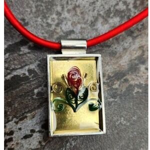 Vintage Quilled Paper and Resin Silvertone Pendant on Red Cord Necklace